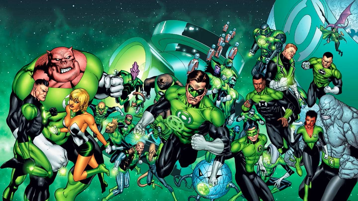 A comic book splash page depicting a bunch of disparate Green Lanterns